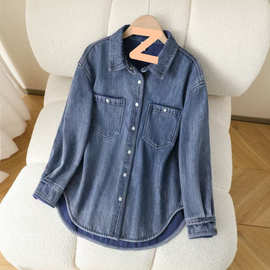 加绒牛仔衬衫女秋冬百搭设计感休闲叠穿上衣宽松保暖衬衣加厚外套