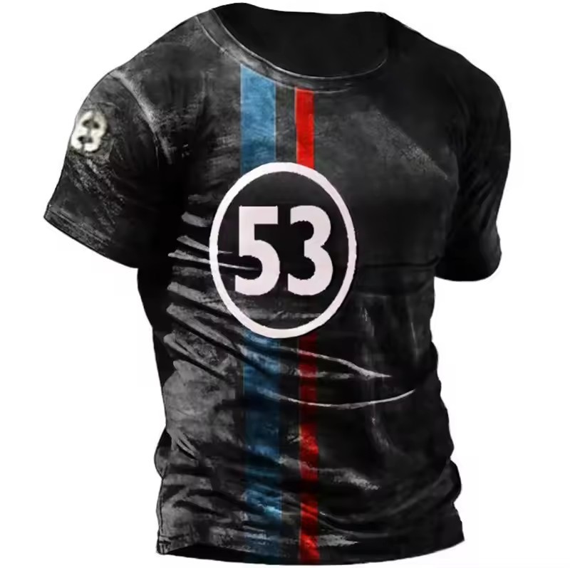Camiseta de cuello redondo de manga corta transpirable de malla suelta de verano de los hombres con estampado 3D con estampado de lema retro clásico