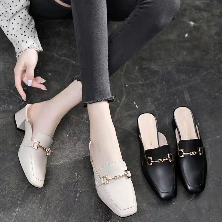 Semi pantuflas Baotou para mujer para llevar 2022 verano nuevo estilo sandalias y pantuflas de tacón grueso zapatos Muller tacón medio cabeza cuadrada zapatos retro individuales