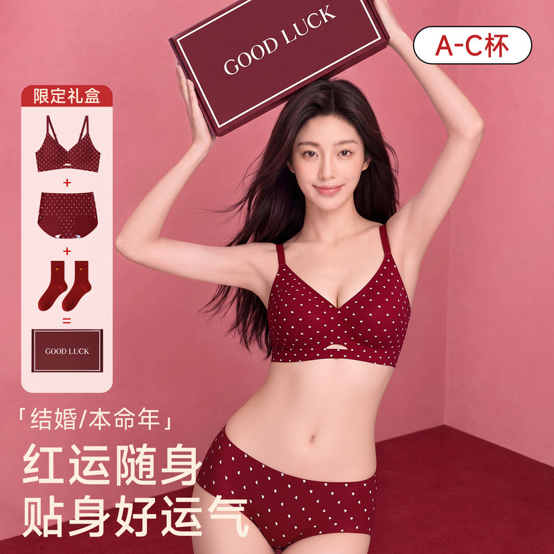 Lucky Year Lingerie Set for Women, Red Heart Print, Thin Straps, Small Bust Enhancing, Bridal Wedding Bra Gift Box Lucky Year Lingerie Set for Women, Red Heart Print, Thin Straps, Small Bust Enhancing, Bridal Wedding Bra Gift Box