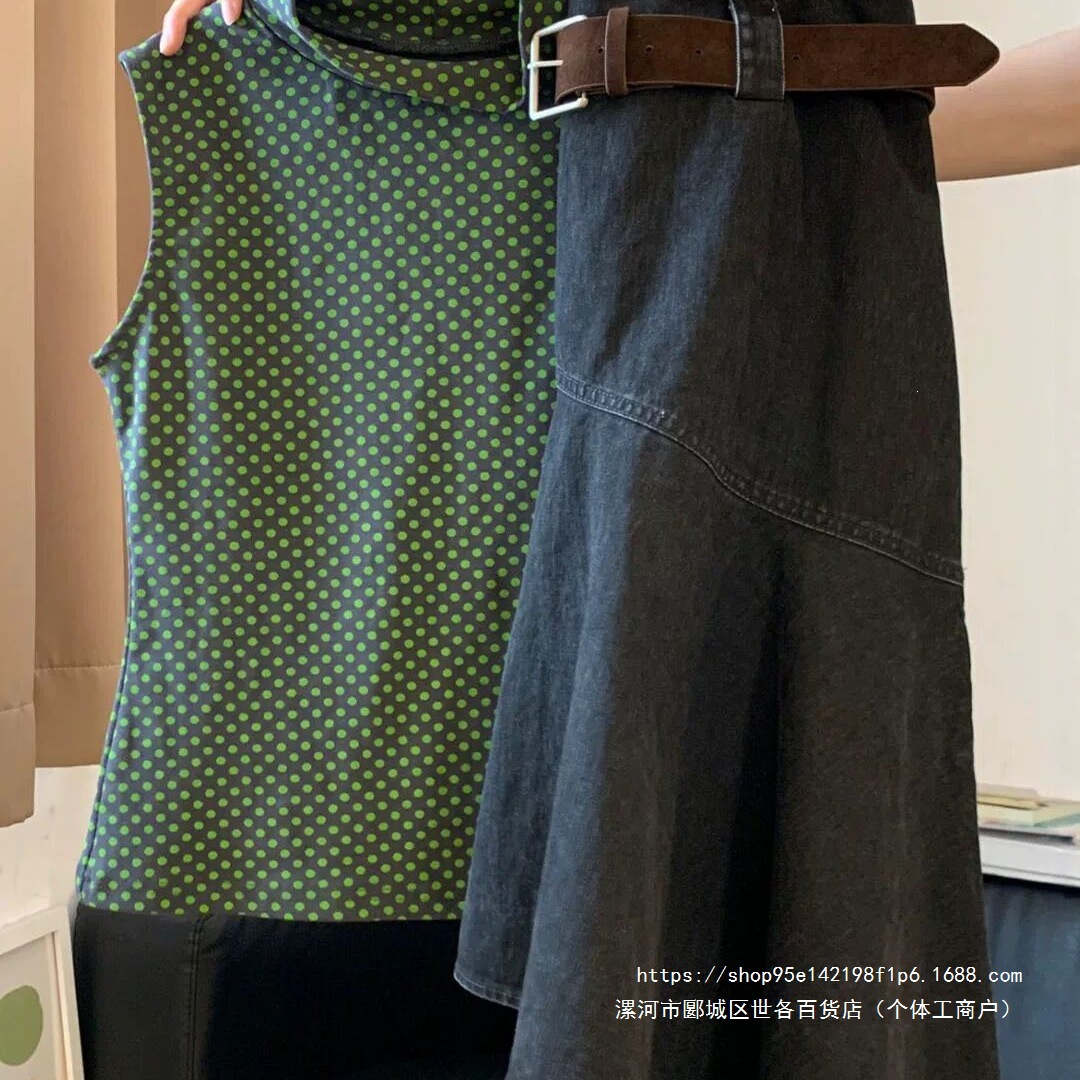 Women's 2026 Summer New Korean Style High Neck Polka Dot Sleeveless Vest Top with High Waist Slimming Skirt