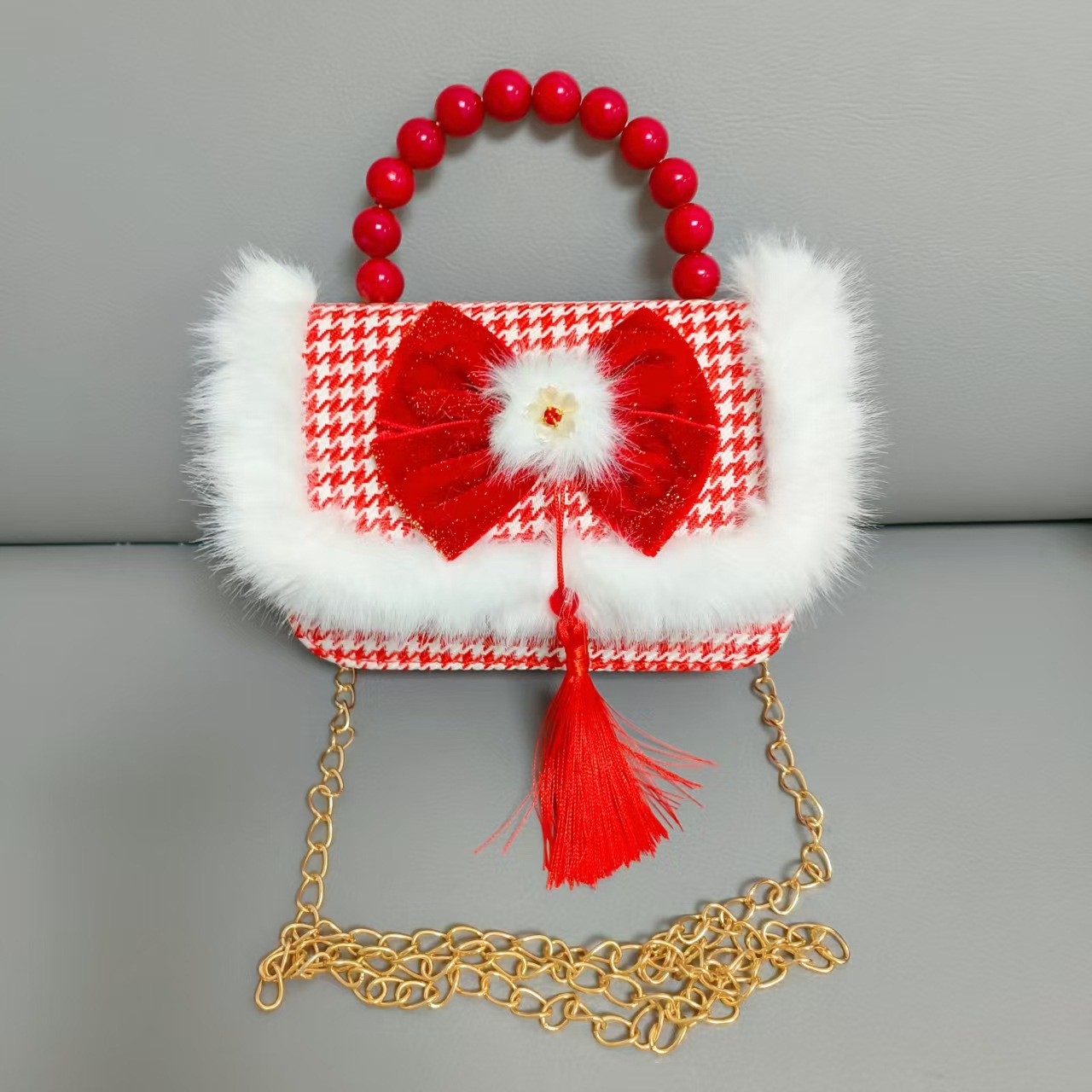 Gran bolso portátil de perla roja, cadena de arco, bolso cuadrado, bolso de Año Nuevo para chicas, bolso de Año Nuevo, viento fragante