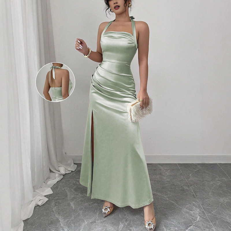 Amazon's New Halterneck Backless Dress European and American Foreign Trade High-Waisted Satin Slit Sleeveless Dress