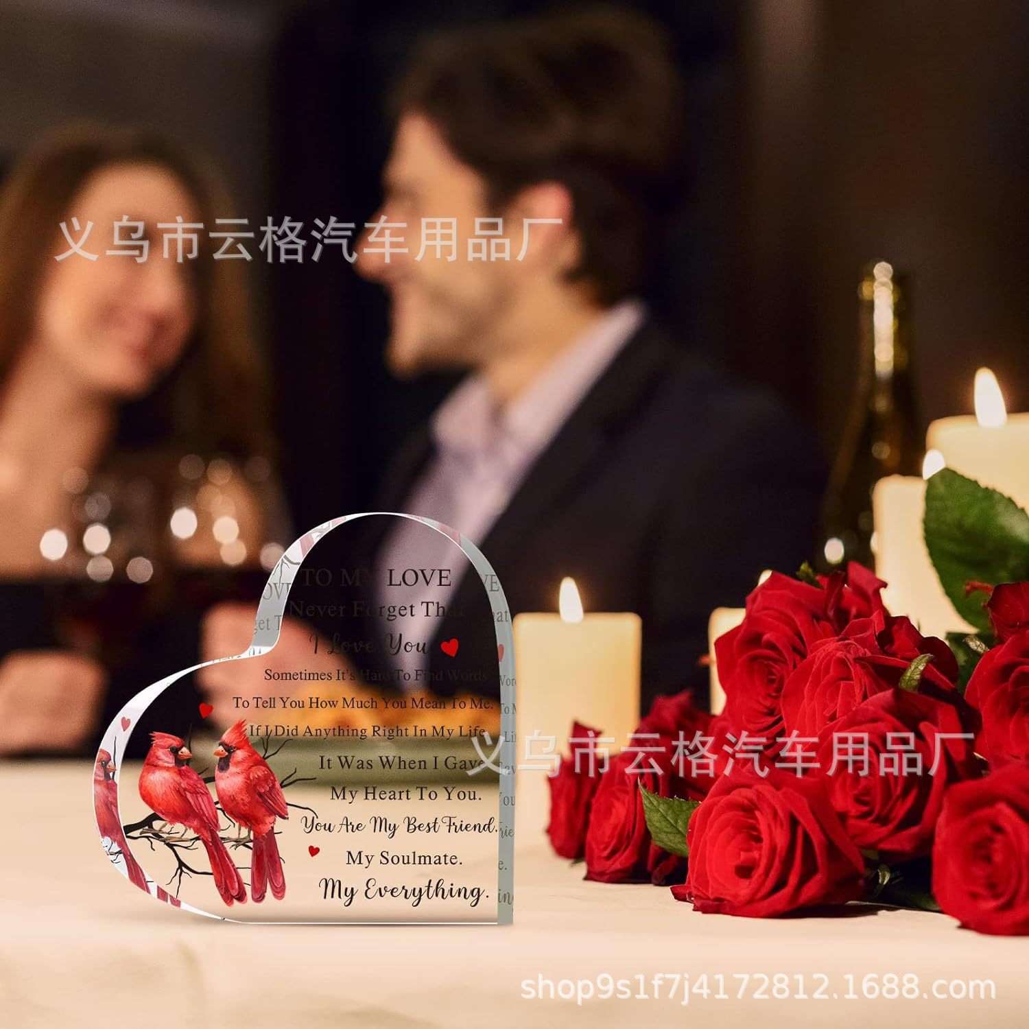 亚马逊新款亚克力爱心红色鸟情人节圣诞节家居办公室装饰品摆件装