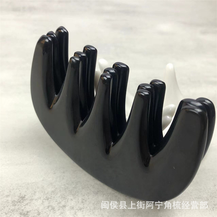 Water Buffalo Horn Five-Tooth Comb Massage Comb for Scalp Gua Sha Therapy 0.7cm+ Thick Black 9.5cm in use
