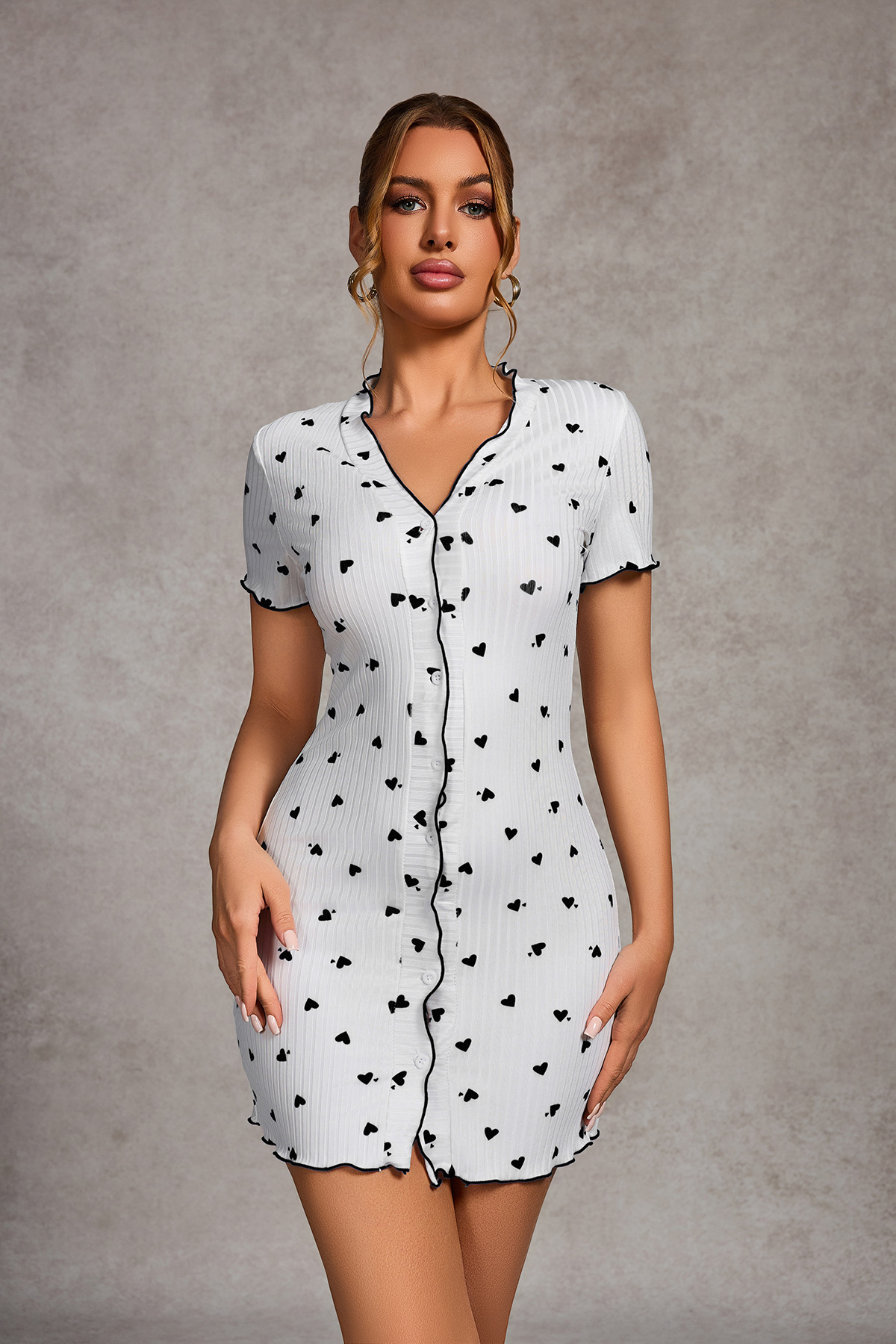 Pijamas transfronterizos europeos y americanos, botones de punto, moda delgada sexy, casual con cuello en V, rizado, ropa de casa, falda para dormir, ropa de mujer