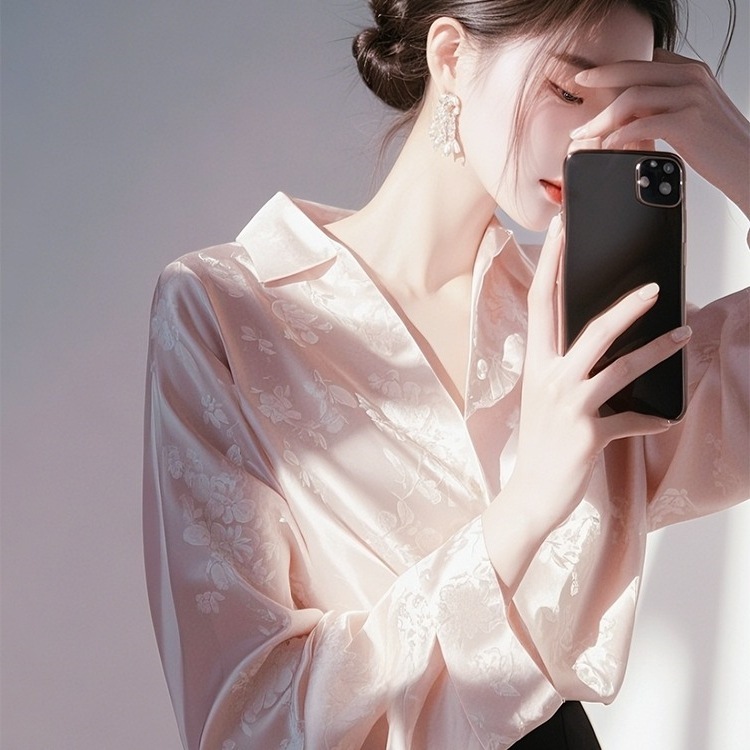 New Chinese-Style High-End National Style Pink Satin Jacquard Shirt for Women, 2026 Spring Season, Button-Up Top, Improved Tang Suit Shirt New Chinese-Style High-End National Style Pink Satin Jacquard Shirt for Women, 2026 Spring Season, Button-Up Top, Improved Tang Suit Shirt