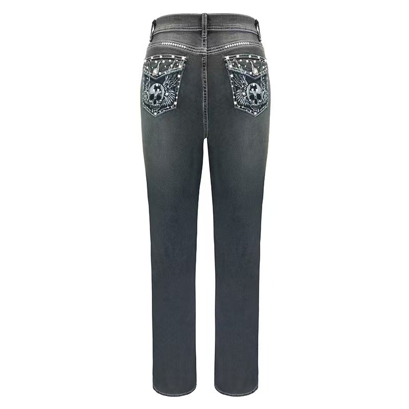 Women's Slim Straight Leg Denim Trousers Stretchy Smoky Gray Embroidery Rhinestones Detail Relaxed Everyday Wear Versatile Comfortable Feshion Trend_mkmklike.com