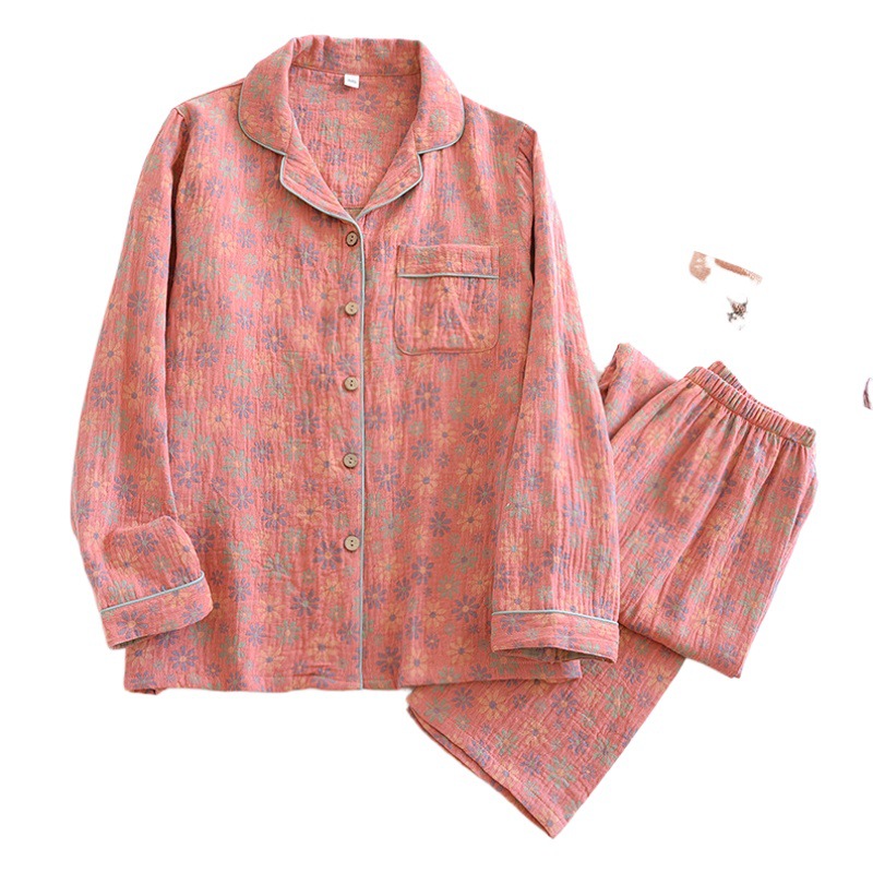 Traje de pijama de gasa de doble capa jacquard teñido con hilo de primavera y otoño para mujer, pantalones de manga larga de algodón crepé lavado, ropa para el hogar