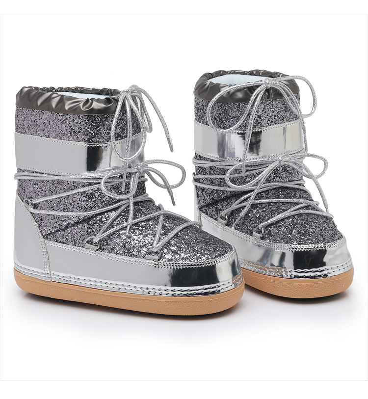 NOKOMETA European And American Winter Space Boots Platform Sequined Bread Short Boots Snow Boots Women's Tide Ski Shoes Straps 2025_voghion.com