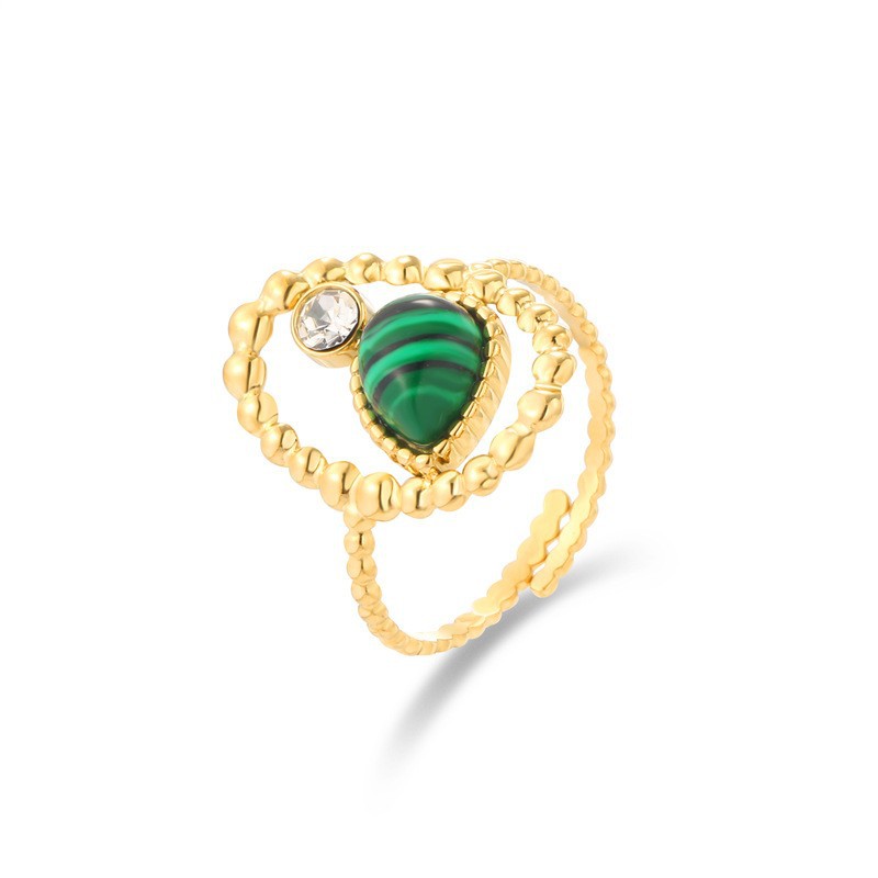 Anillo de verde de pavo real que no se desvanece Moda europea y americana de las mujeres Anillo de pulsera de goteo de aceite esmeralda de piedra natural ajustable abierto