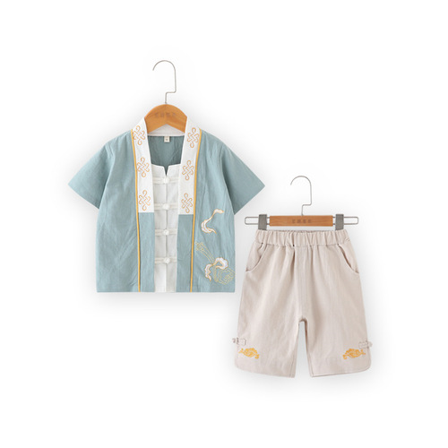 Children's Tang suit summer short-sleeved Tang suit for boys, cotton and linen Hanfu top, five-point pants, retro Confucianism kindergarten clothing