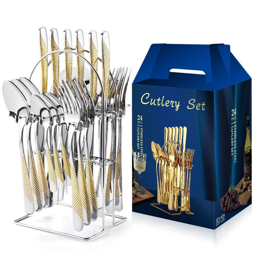 Amazon transfronteriza 1010 vajilla de acero inoxidable conjunto de 24 piezas cuchillo de carne occidental, tenedor y cuchara conjunto completo rack caja de regalo traje