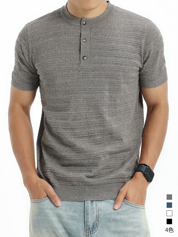 Hielo para hombre Henry cuello camiseta de punto de manga corta de verano fresco de negocios casual ropa de hombre vieja camiseta de textura de estilo de dinero
