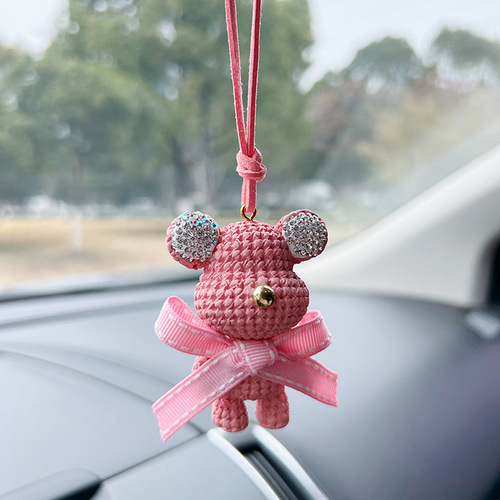 Gypsum Embroidered Diamond Fuzzy Bear Car Ornament Cute Plush Toy with Bow Tying, Car Interior Decoration Accessory Cute