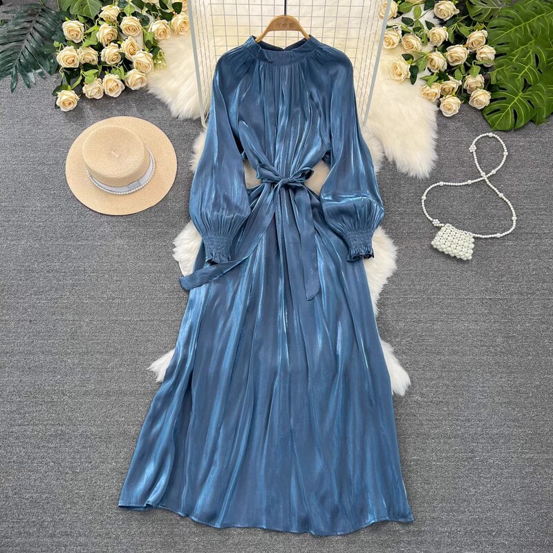 Strict selection of high-grade socialite elegant lantern long sleeve stand collar slimming lace-up A- line mermaid princess glossy dress women