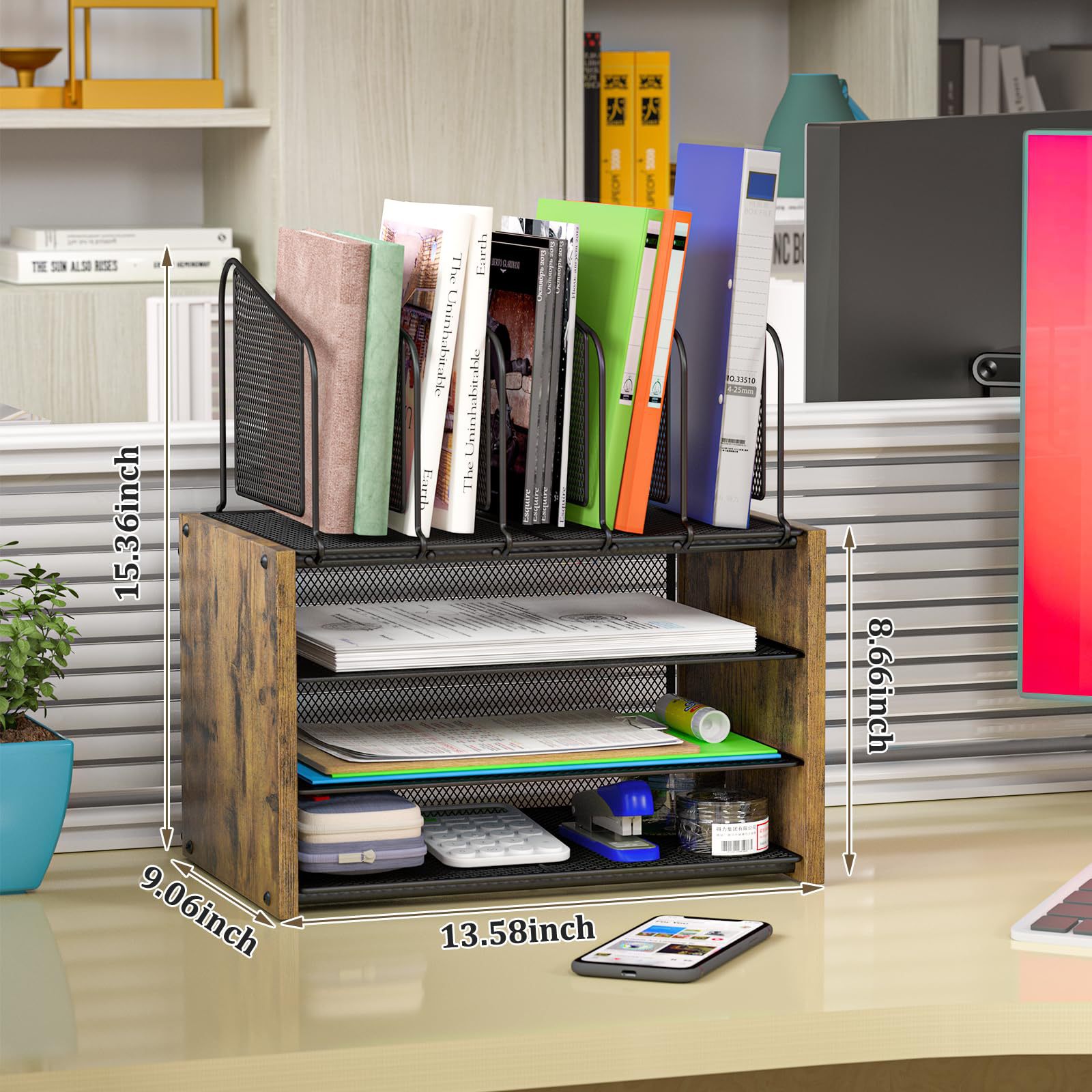 Organizador de escritorio de 4 capas con malla, madera con cajón, para oficina en casa, venta transfronteriza image 3