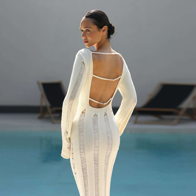 欧美风女装2025秋季新款辣妹性感镂空大露背修身针织长袖连衣裙女