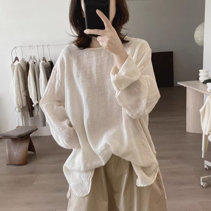 2026 Spring/Summer Women's New Loose Fit Plus Size Slimming Simple Unique Design Youthful Ramie Shirt for Meditation 2026 Spring/Summer Women's New Loose Fit Plus Size Slimming Simple Unique Design Youthful Ramie Shirt for Meditation