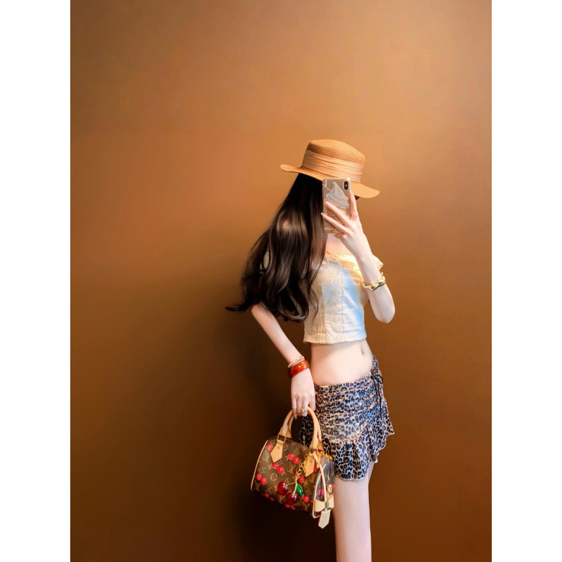 甘くてクールなホットガールヒョウ柄ハイウエストスカート女性のための夏の新しいふわふわAラインスカート弾性ウエストスカート小人向け|undefined