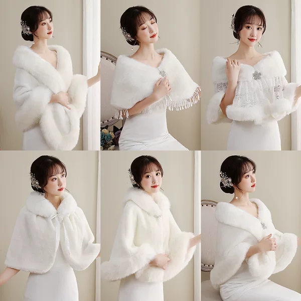 Wedding Dress Shawl Winter 2024 New White Bridal Wedding Ceremony Bridesmaid Toasting Dress Cheongsam with Fur Cape