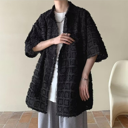 Edge-bleached plaid patchwork short-sleeve tie-dye shawl collar jacket outerwear cool stylish men fringe short-sleeve vibe-style luxury shirt