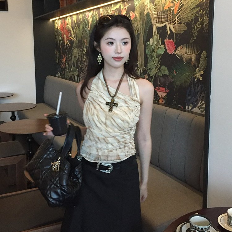 褶皱纯欲设计新款小众感美式网纱显瘦上衣背心挂脖吊带修身晕染女|undefined