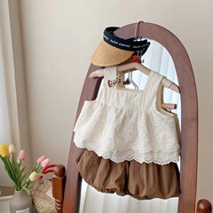 女の子スーツ、洋風ベスト、刺繍ドールシャツ、2025年中児女の子ノースリーブトップス、バドパンツ2点セット