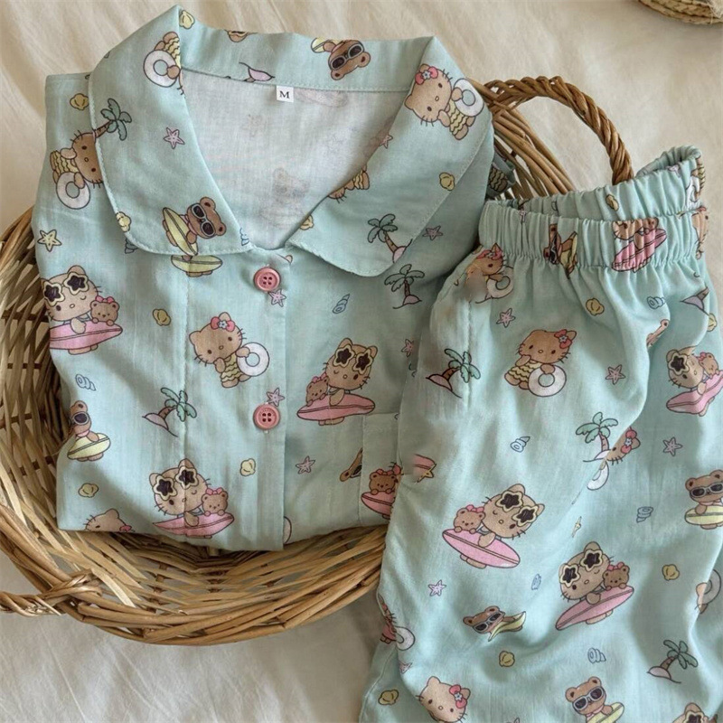 Women's pajamas, long-sleeved and long-pants, spring and autumn, pure cotton, cotton gauze, cartoon KT, large size, loose two-piece home wear set Women's pajamas, long-sleeved and long-pants, spring and autumn, pure cotton, cotton gauze, cartoon KT, large size, loose two-piece home wear set