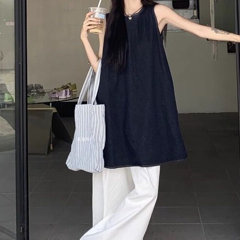 Casual Lazy Style Set Sleeveless Round Neck Loose Dress Women's Summer High Waist Straight Leg Pants Wide Leg Pants Two-Piece Set 