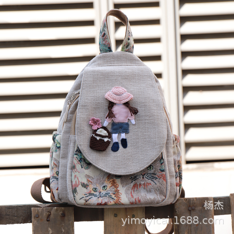 예술적 캔버스 더블 레이어 작은 배낭 캐주얼 작은 신선한 Hanfu 여성 배낭 편리한 매일 나가는 배낭