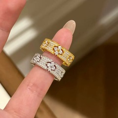 复古老钱风幸运四叶草满天星戒指时尚轻奢微镶满钻花朵排戒条戒女