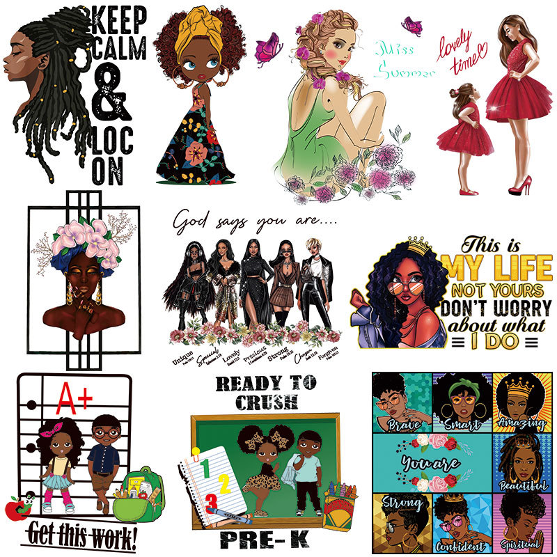 欧美跨境黑人女孩热转印烫画 体恤印花烫画图案耐水洗烫印贴烫图