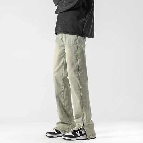 Spring/Autumn Yellow Mud-Dyed Flared Jeans for Men, Washed American-Style Pants with High-Street Fashion Brand Design—Featuring a Zipper and Split Crotch for a Straight-Leg Look