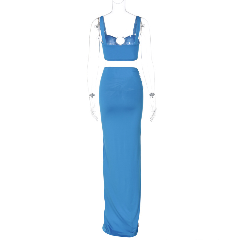 Women Clothing Spring Summer Sexy Sling Bandeau Slim Fit Fold Split Skirt Set