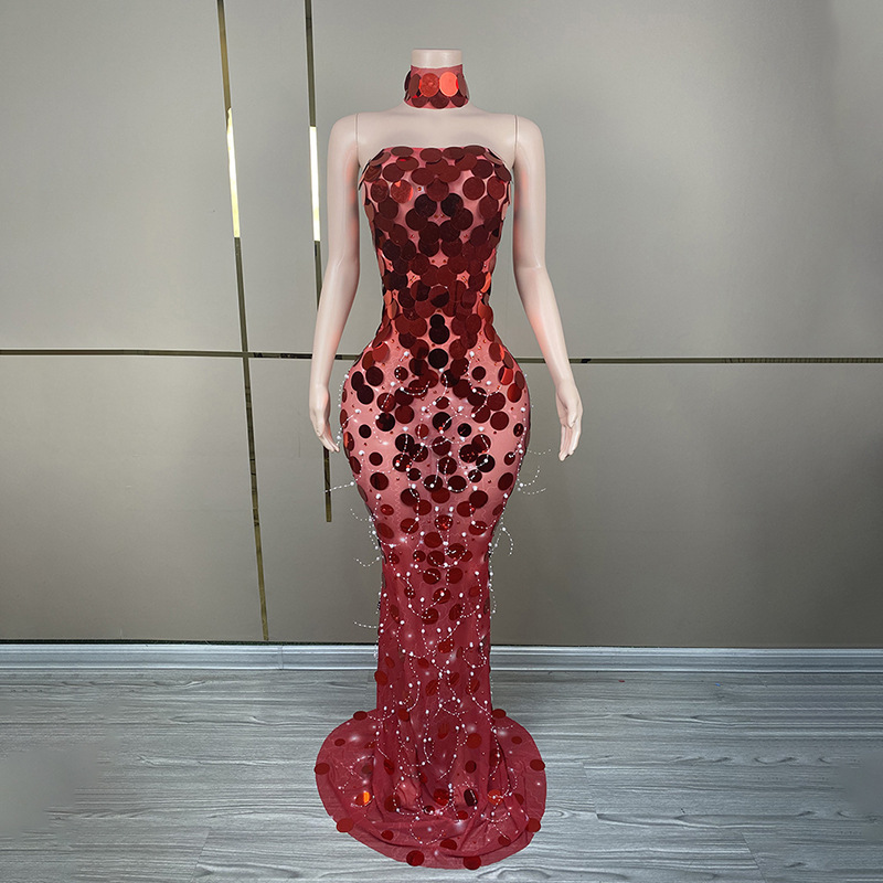 Luxury sexy long dress red elegant wrapped chest backless sexy waist slimming sequined party dress one-piece delivery