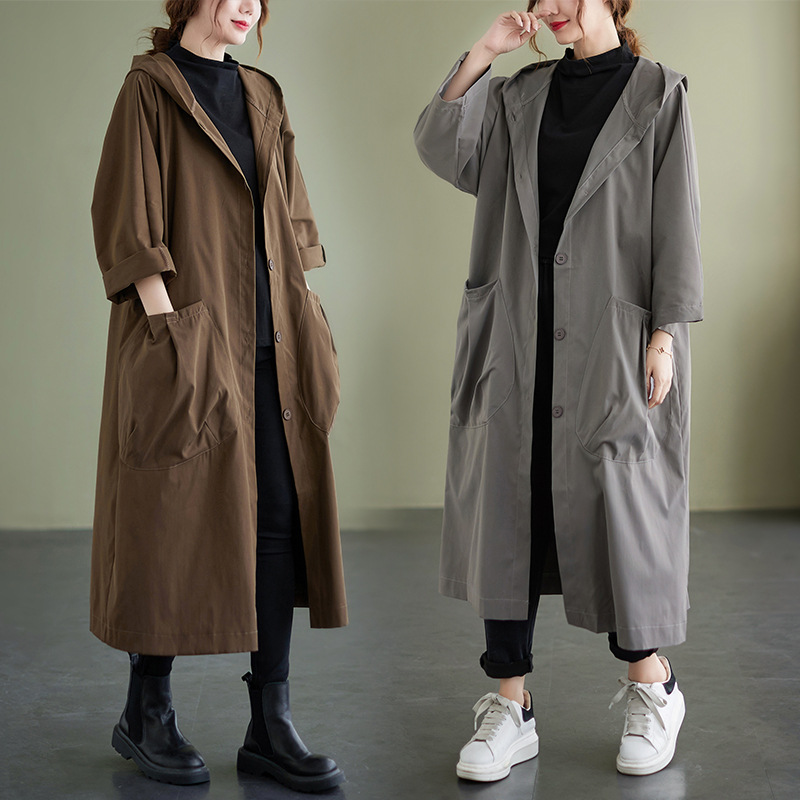 2338 Women's Mid-Length Trench Coat, 2026 Spring New Style, Plus Size, Literary Loose Casual Long-Sleeved Jacket