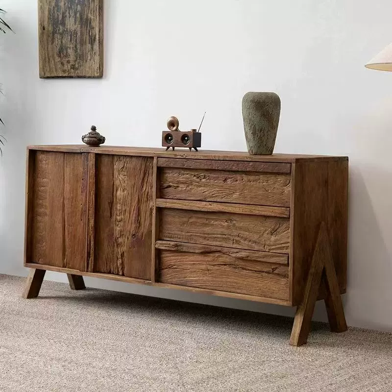 侘寂风实木餐边柜老榆木复古收纳柜风化抽屉玄关柜民宿茶室储物柜