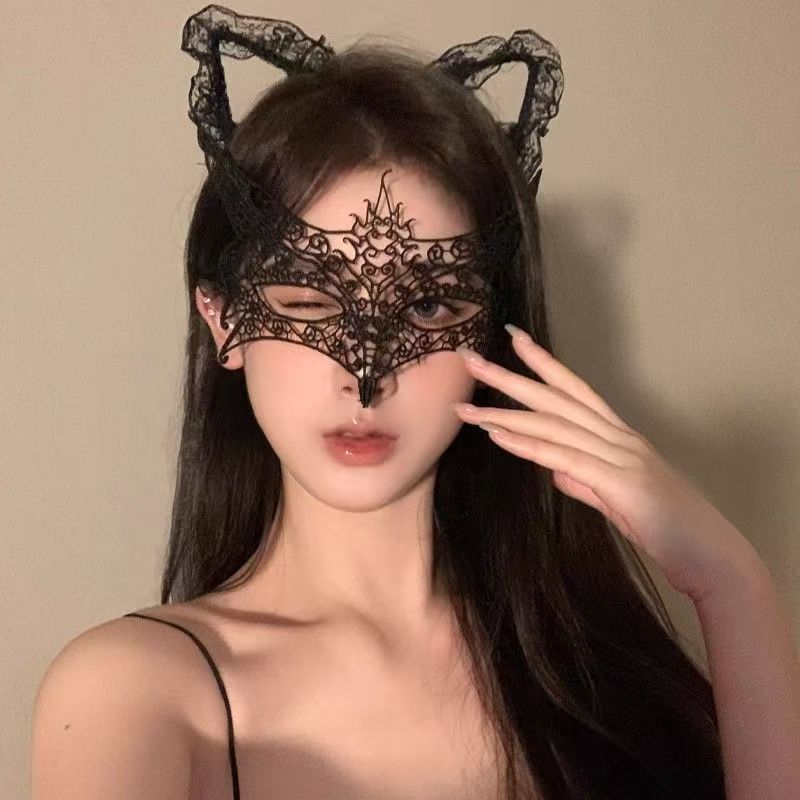 万圣节化妆舞会面罩性感黑色蕾丝刺绣眼罩cosplay道具眼罩狐狸款