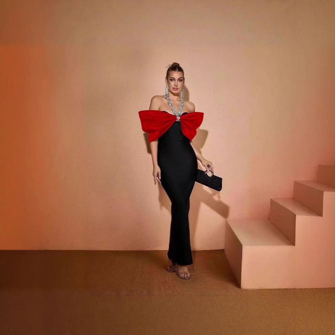 2025 European and American Cross-Border Party Evening Dress Fashionable and Sexy One-Shoulder Bandage Dress Waist Slimming Look Hip Skirt