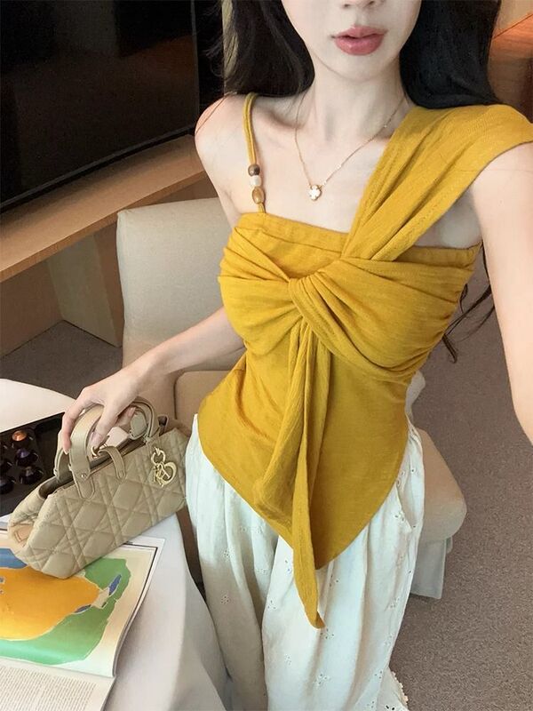 温柔风不规则女吊带2025夏新独特设计蝴蝶结掐腰抹胸无袖上衣露肩|undefined