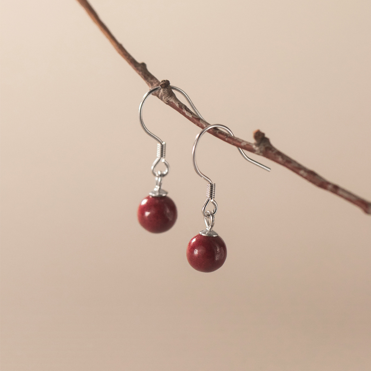 Nalan s925 silver cinnabar earrings women's retro elegant red ball short earrings M02632