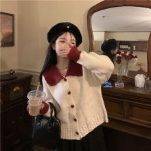 2867#红色毛衣女秋季 2024新款娃娃领撞色别致针织开衫外套秋冬季