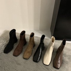 韩系复古方头绒面百搭粗跟增高瘦瘦短筒靴女秋冬