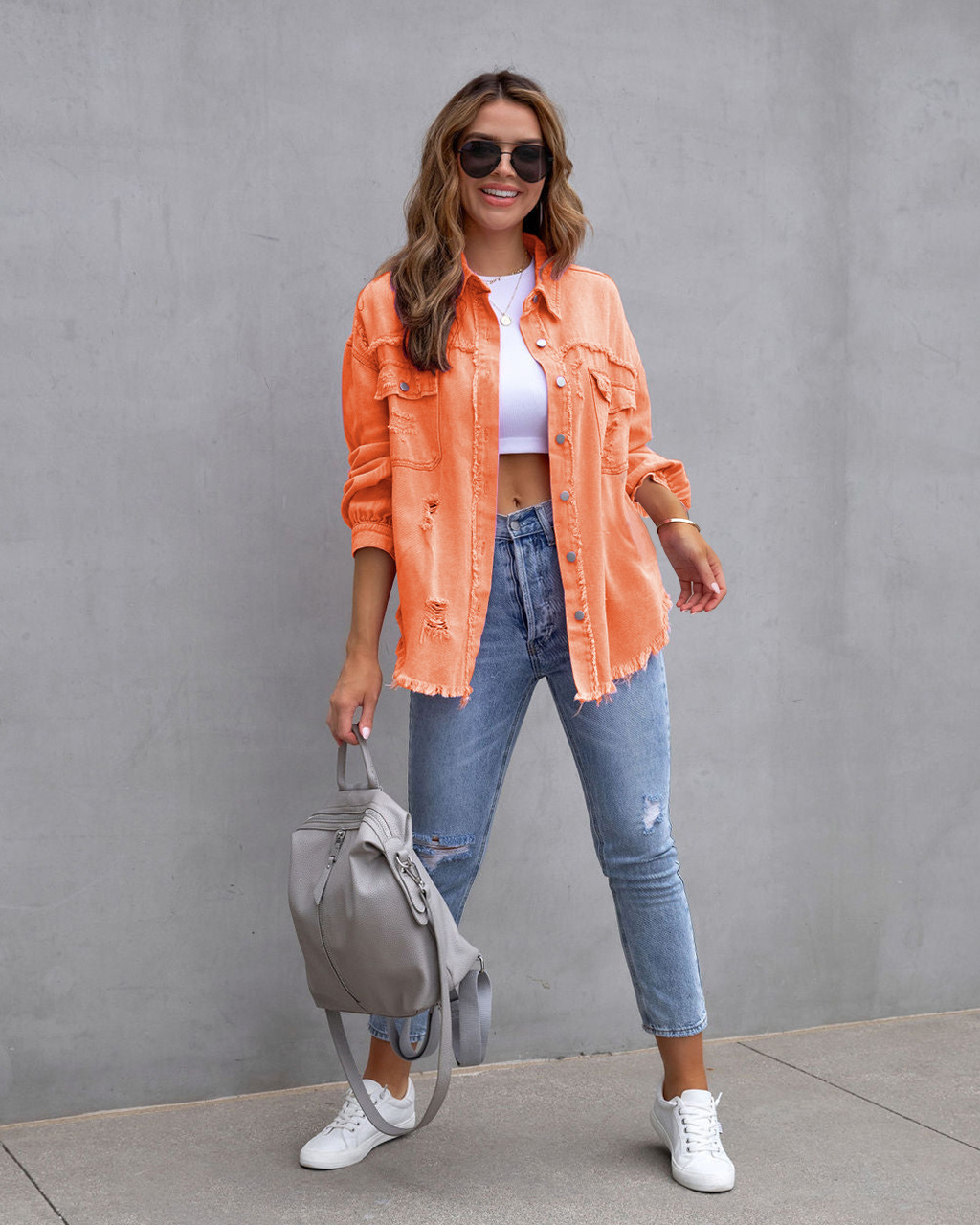 Giacca di jeans donna con volant strappata bavero manica lunga_voghion.com