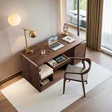 一体书房书桌黑胡桃木实木桌写字台新中式樱桃木北美电脑客厅书柜