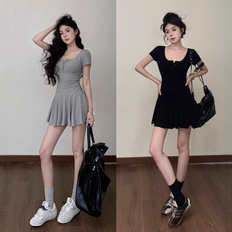 순수한 섹시한 InsU-목 반팔 원피스 여자 여름 스포츠 주름 허리 A-라인 스커트 스파이스 소녀 스커트 여성