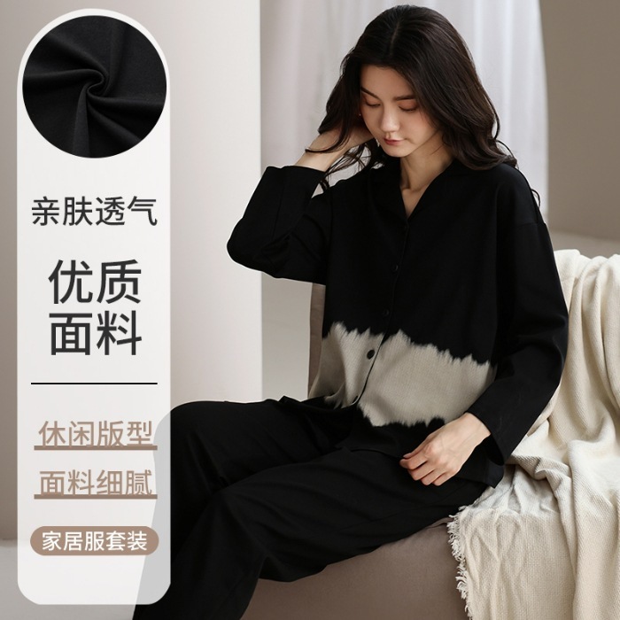 现货情侣纯棉睡衣秋季长袖长裤翻领全棉家居服两件套一件代发包邮|undefined