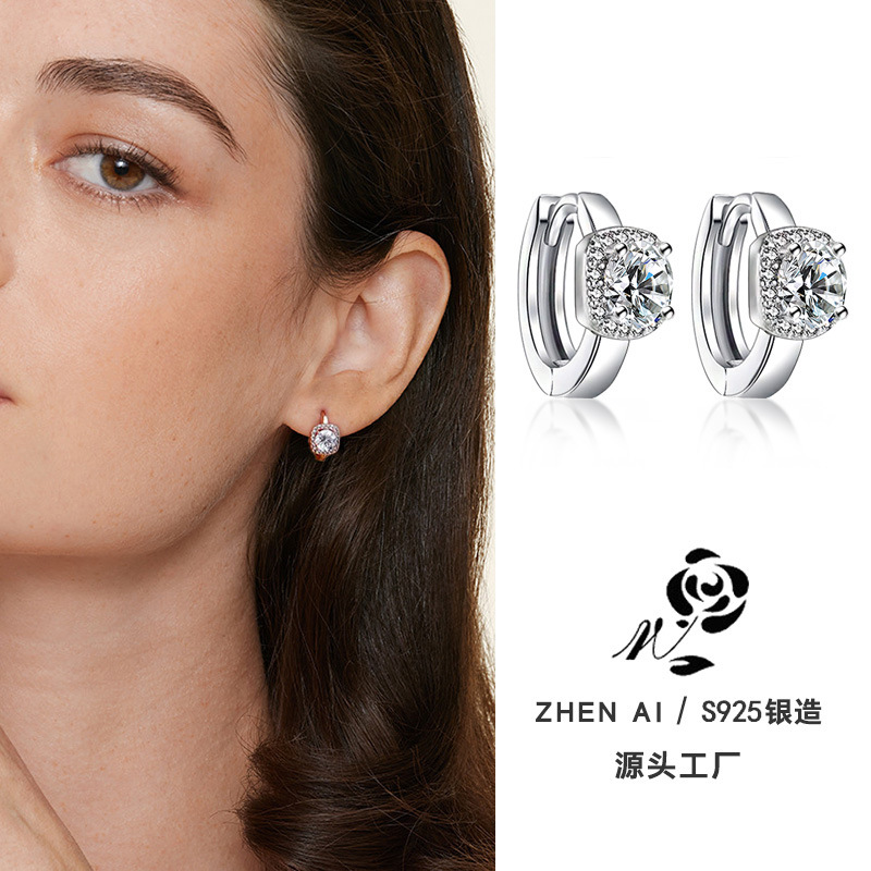 跨境925純銀莫桑石方包耳環女百搭耳扣耳飾小紅書同款耳鈎S銀簡約