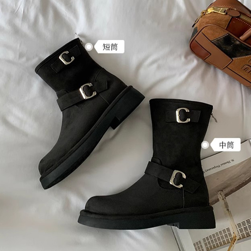 Grape Mom otoño e invierno nuevo estilo retro locomotora hebilla punta redonda suela gruesa botas cortas de tubo medio aumentadas botas de caballero mujeres image 12